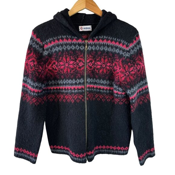 Kidka Drangi Hooded Zip Front Cardigan in Black/Multicolor Icelandic Wool Size M - Picture 2 of 5